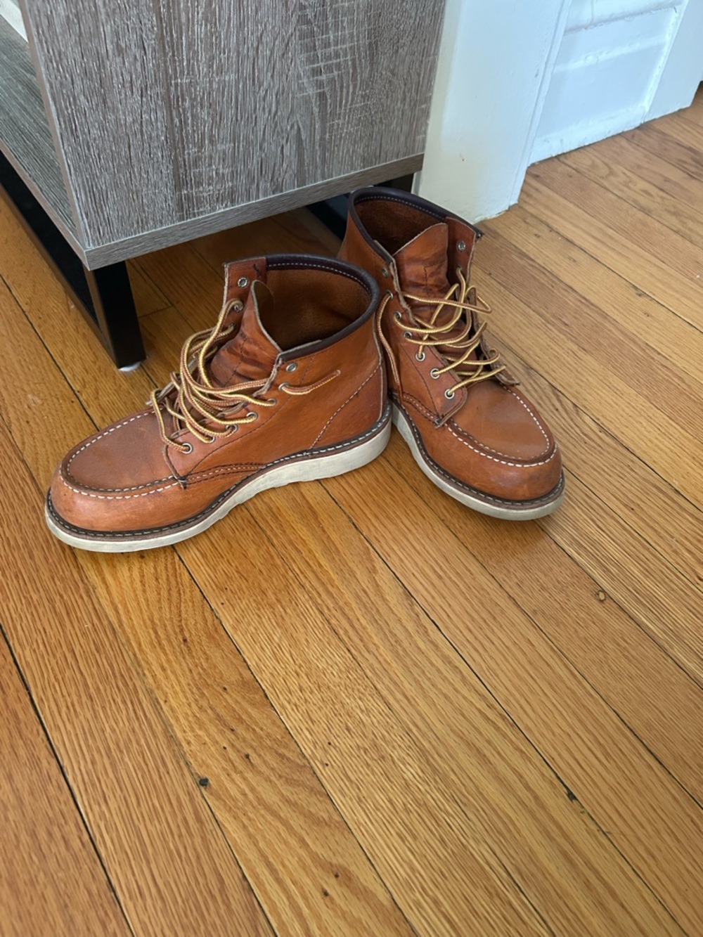 Red Wing Shoes Brown Leather Moc Toe Boots with White Wedge Sole